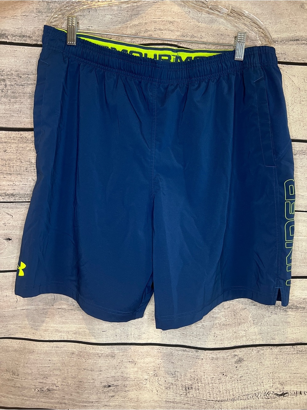 Under Armour Men’s Dark Blue Athletic Shorts with Neon Yellow Accents